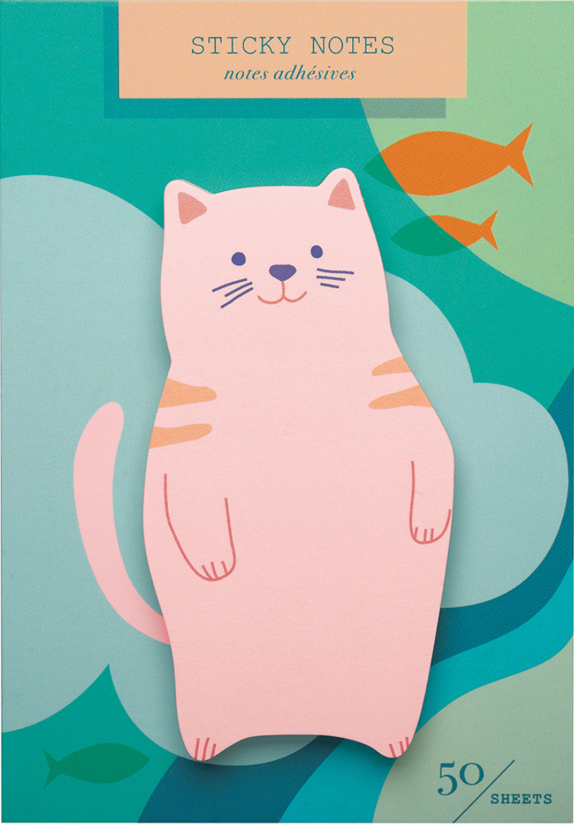 Sticky Notes | Gone Fishing Cat featuring a cute pink cat shape with fish on a colorful background, 50 sheets pad.