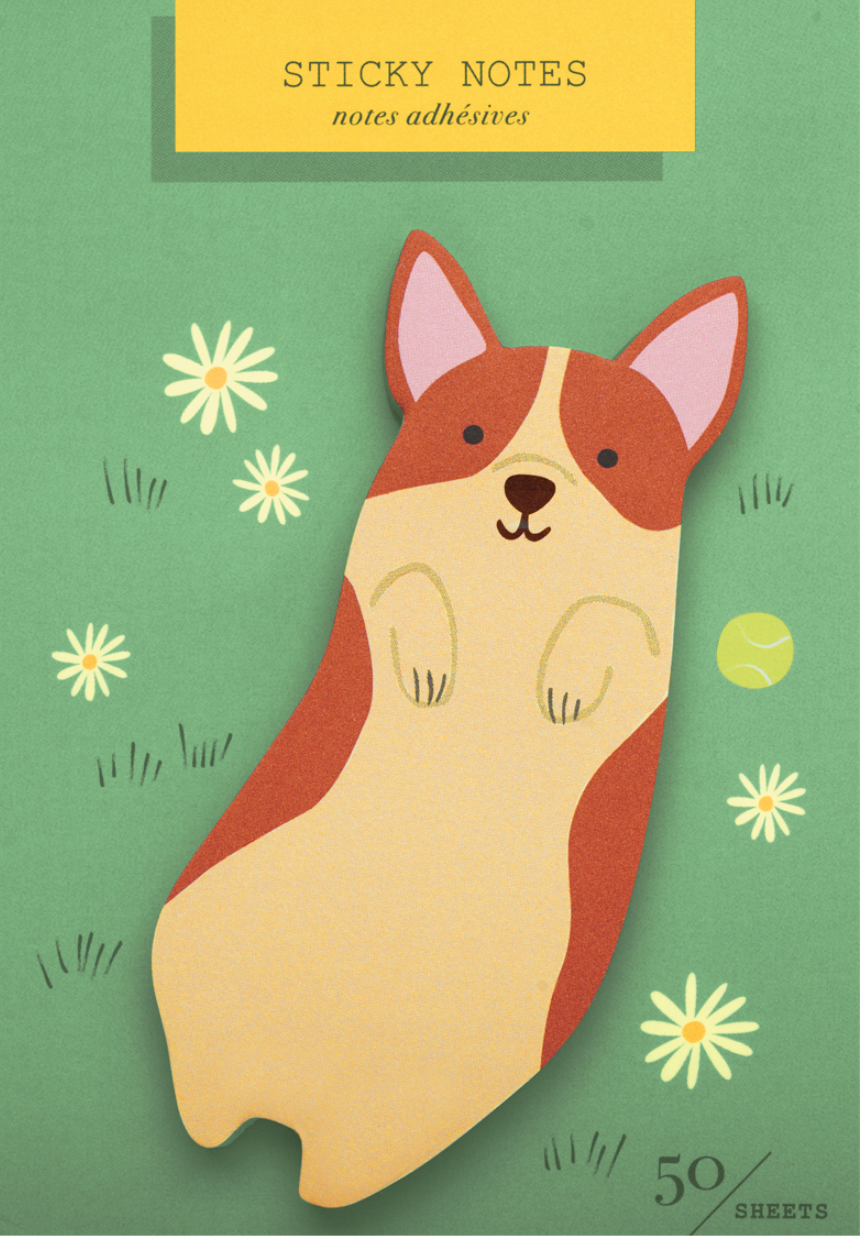 Sticky Notes | Corgi featuring a cute corgi shape on a green background with flowers and 50 sheets for notes.