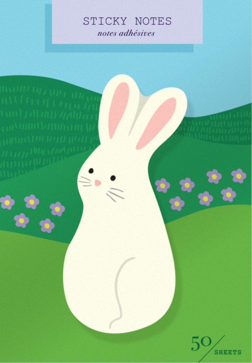 Sticky Notes | Bunny shaped sticky note pad with 50 sheets, featuring a cute white bunny design on a green floral background.