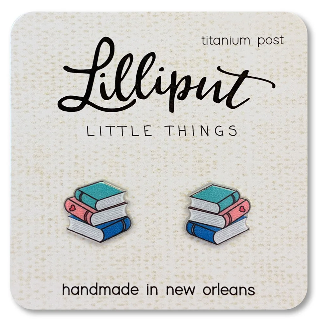Book Stack Earrings with colorful stacked books design on titanium posts, handmade in New Orleans for book lovers.
