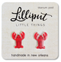 Lobster Earrings with vibrant red acrylic design, titanium posts, and soft backs, handmade in New Orleans for sensitive ears.