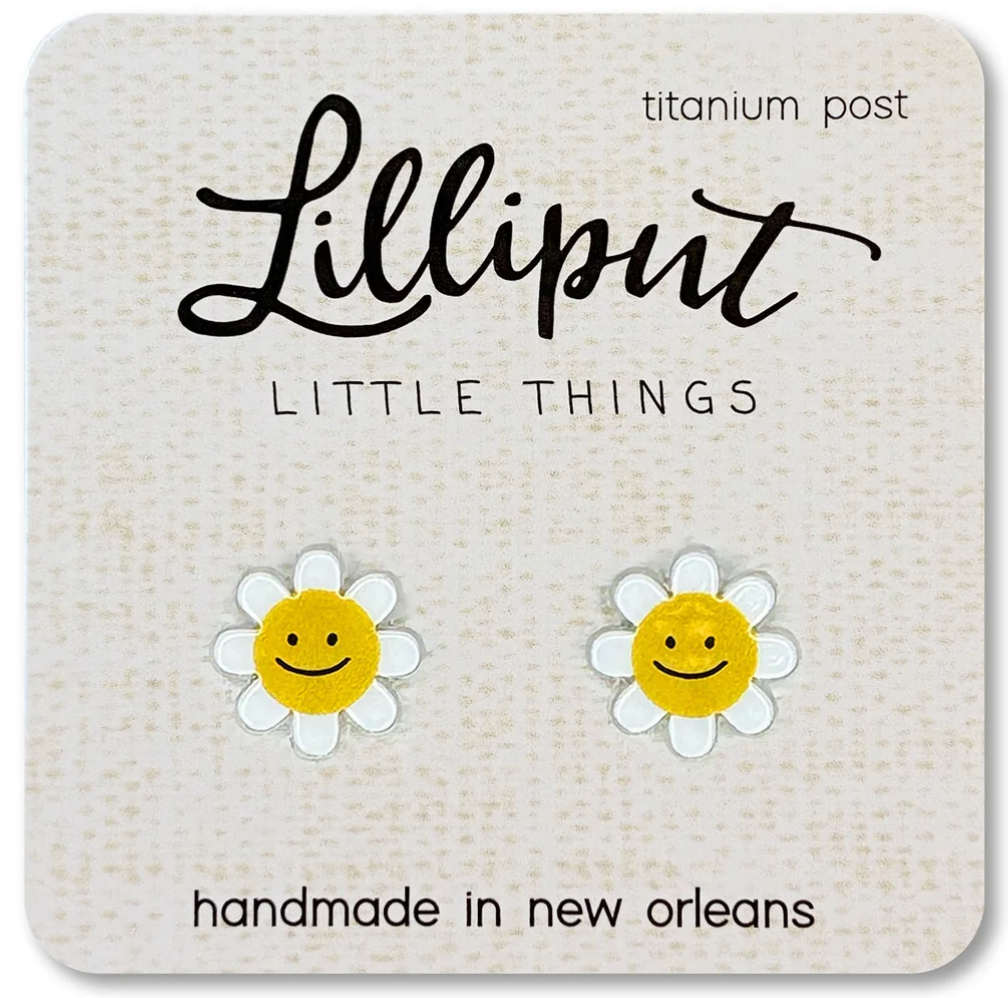 Happy Daisy Earrings with smiling daisy design, titanium post, hypoallergenic, handmade in New Orleans, cute kawaii style.