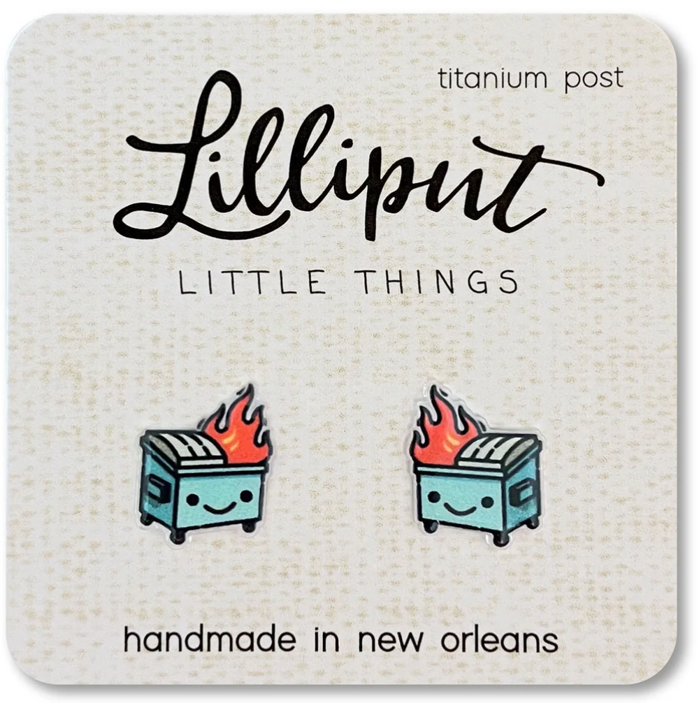 Kawaii Dumpster Fire Earrings with medical-grade titanium posts, vibrant acrylic, and handmade in New Orleans.