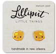 Kawaii Waffle Earrings featuring cute smiling waffles with a glossy finish on a branded card, handmade in New Orleans.