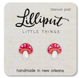 Mushroom Earrings with vibrant red and white design, handmade, titanium post, hypoallergenic, perfect whimsical accessory.