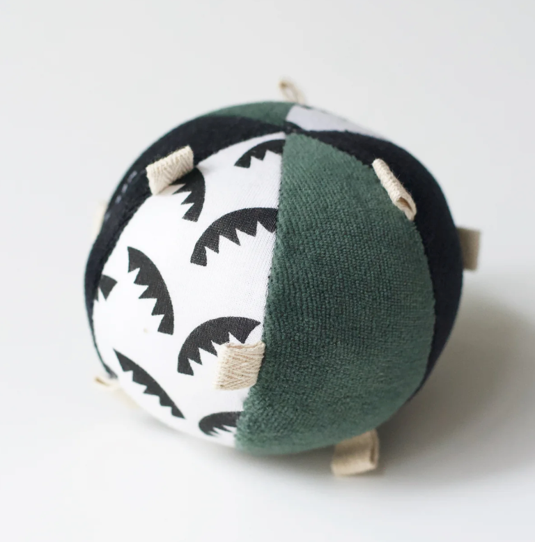 Organic Taggy Ball with Rattle | Jungle Leaves featuring textured panels and black and white leaf patterns for baby sensory play.