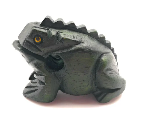 Wooden Croaking Frog | 3in Green musical percussion toy carved in wood with green wax finish and striker from Thailand.