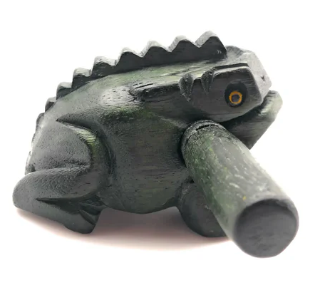 Wooden Croaking Frog | 3in Green shows a hand-carved green waxed frog percussion instrument with striker on white background.