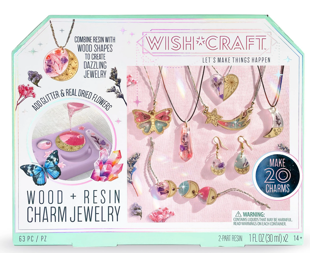 WishCraft Wood & Resin Charm Jewelry kit with dried flowers, glitter, wood shapes, and resin for making 20 charms.