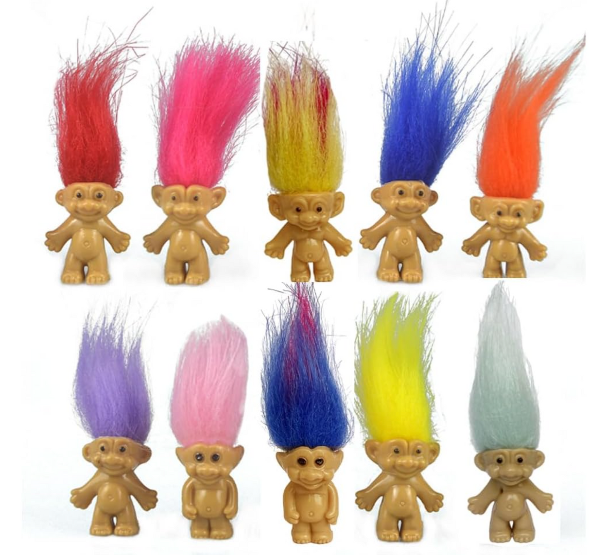 Mini Troll Doll collection with assorted vibrant colored hair, each about 1 inch tall, cute and quirky collectible toys.