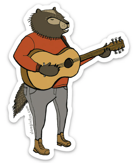Wolverine Guitar Sticker showing an indie rocker wolverine playing guitar with a moody expression and casual clothes.