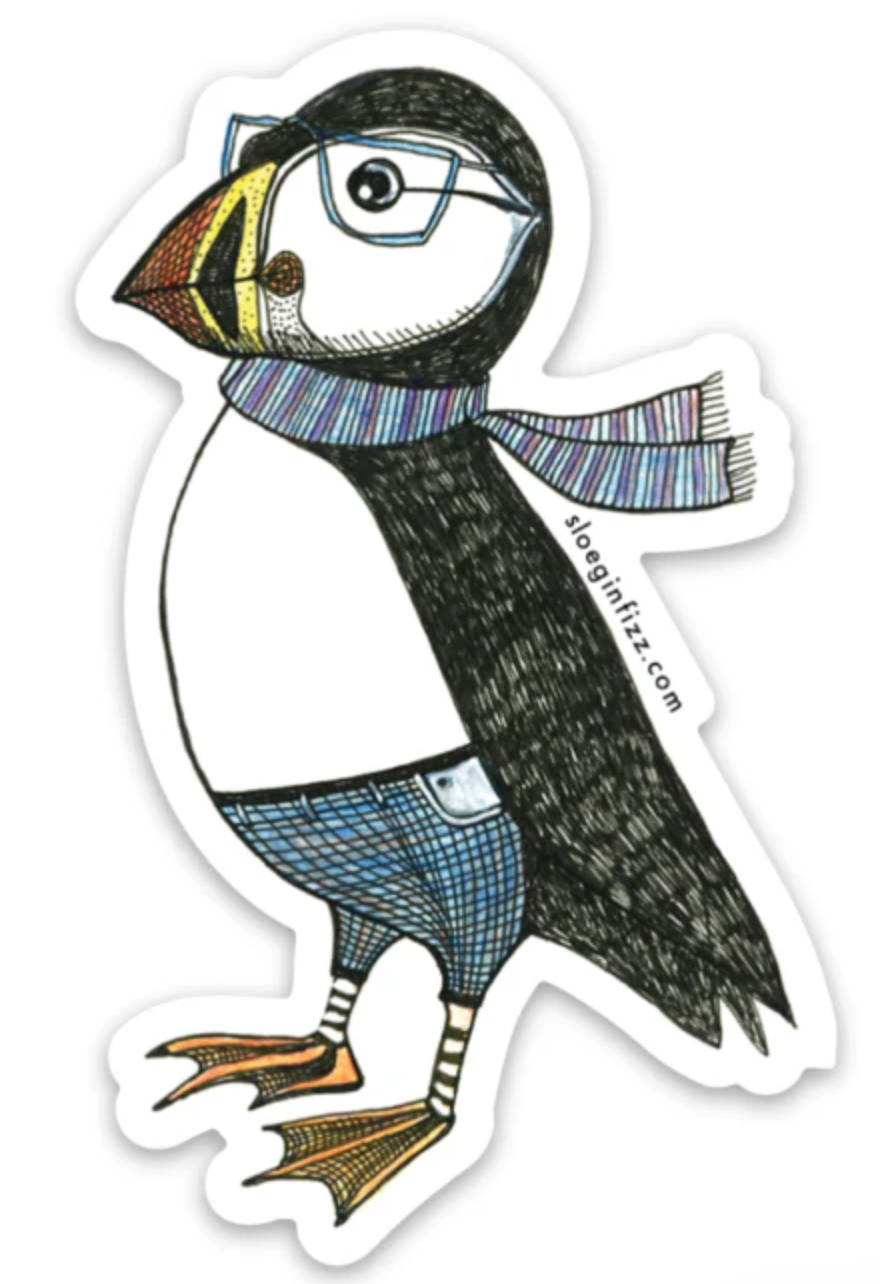 Dapper Puffin Sticker featuring a stylish puffin wearing glasses, scarf, and pants in a colorful illustrated design.