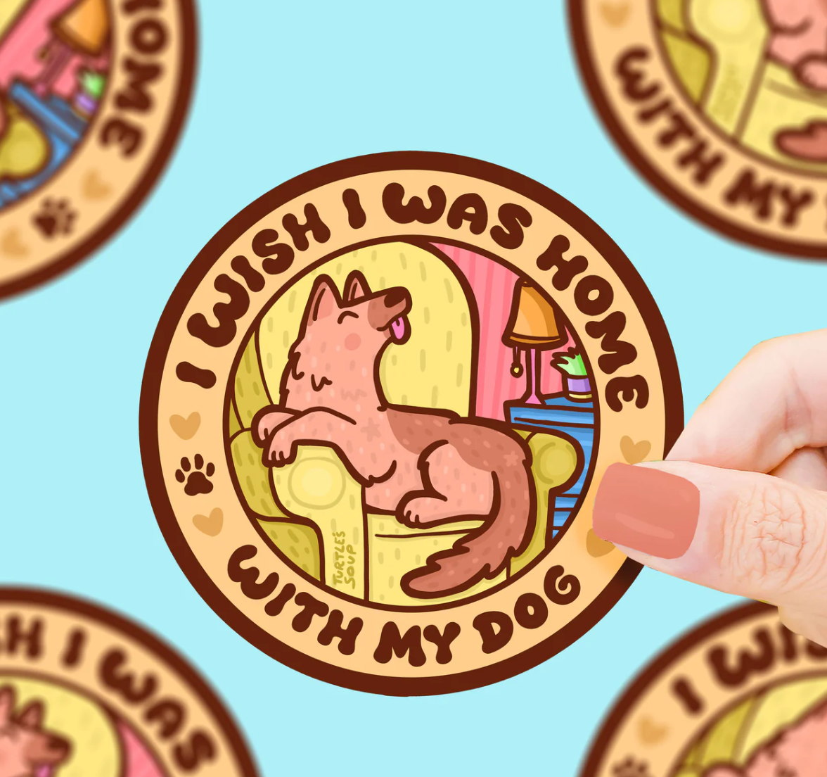 Wish I Was Home with My Dog Sticker featuring a relaxed dog on a chair, weatherproof and 3-inch round design.