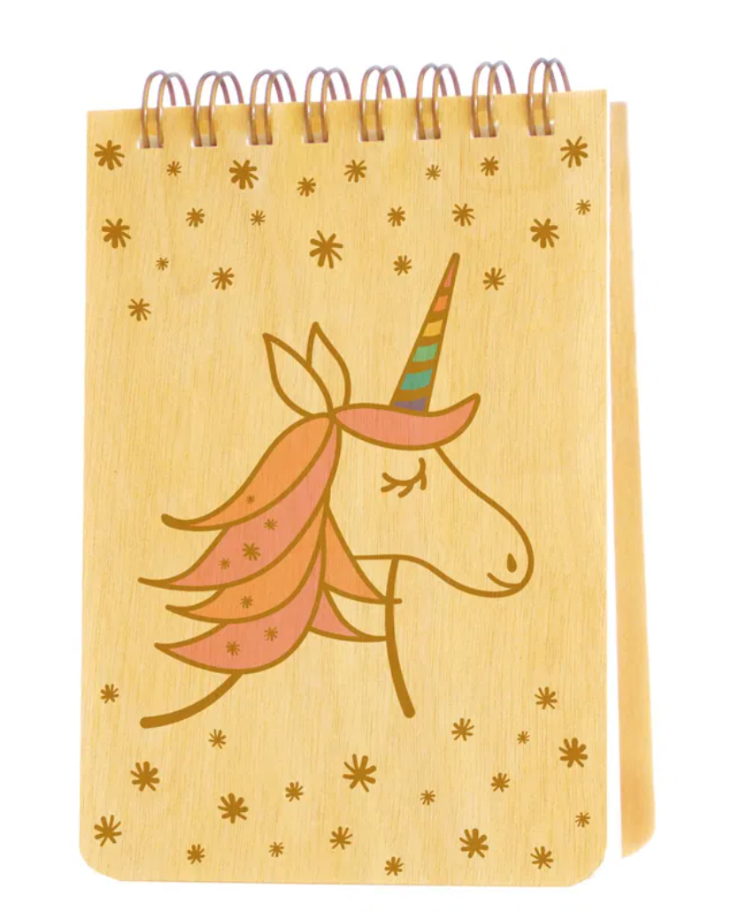 Mini Wood Notebook | Magical Unicorn with spiral binding, eco-friendly birch cover, and whimsical unicorn design.