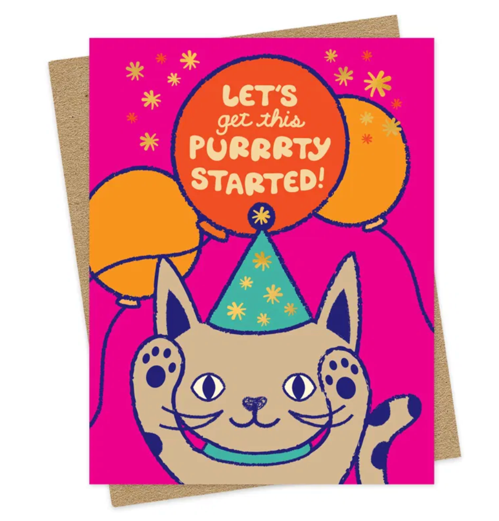 Purrrty Cat Birthday Card with a festive cat wearing a party hat and balloons on a bright pink background.