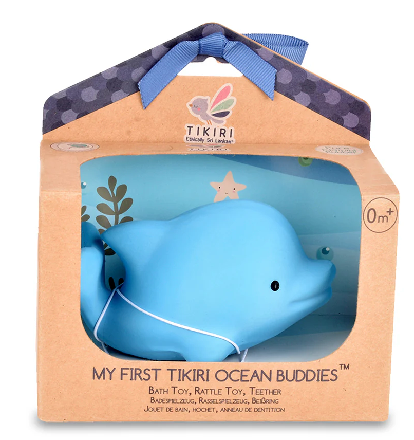 Organic Rubber Teether Rattle Dolphin in packaging, blue dolphin shaped bath toy and rattle for babies 0+ months.