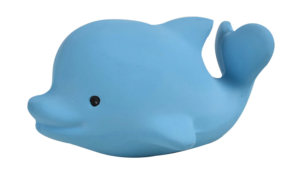 Organic Rubber Teether Rattle Dolphin in blue, easy-grip, gentle rattle sound, safe for babies 0+ months.