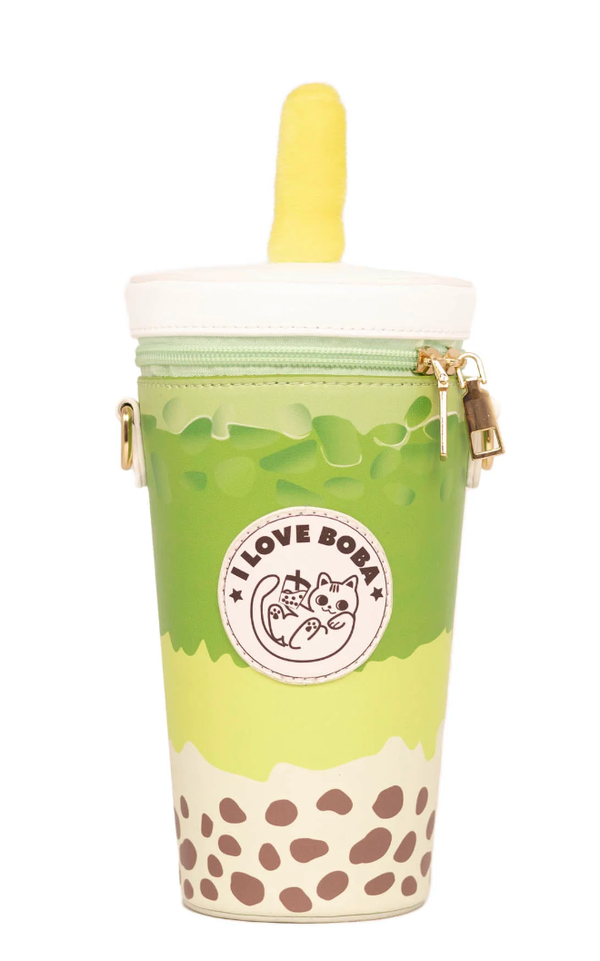 Handbag | Boba Milk in matcha flavor with cute "I Love Boba" design, adjustable strap, fits iPhone Pro Max.