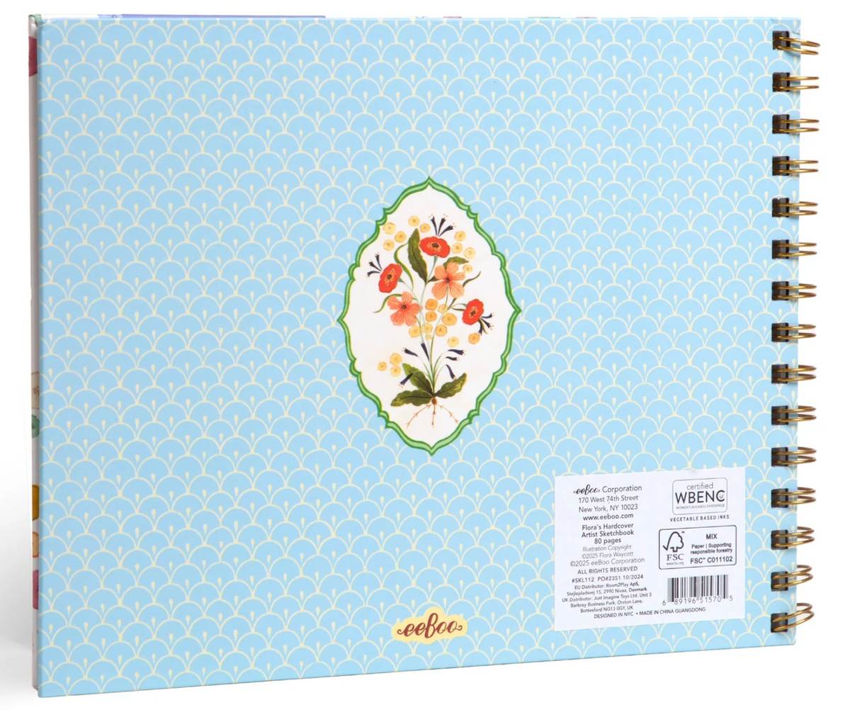 Artist Sketchbook | Flora with blue floral cover, hardcover, spiral-bound, and 80 pages of sturdy sketch paper.