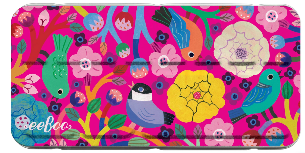 Watercolors Tin | Birds in Fuchsia with vibrant bird and floral artwork by Monika Forsberg in a bright, portable tin box.