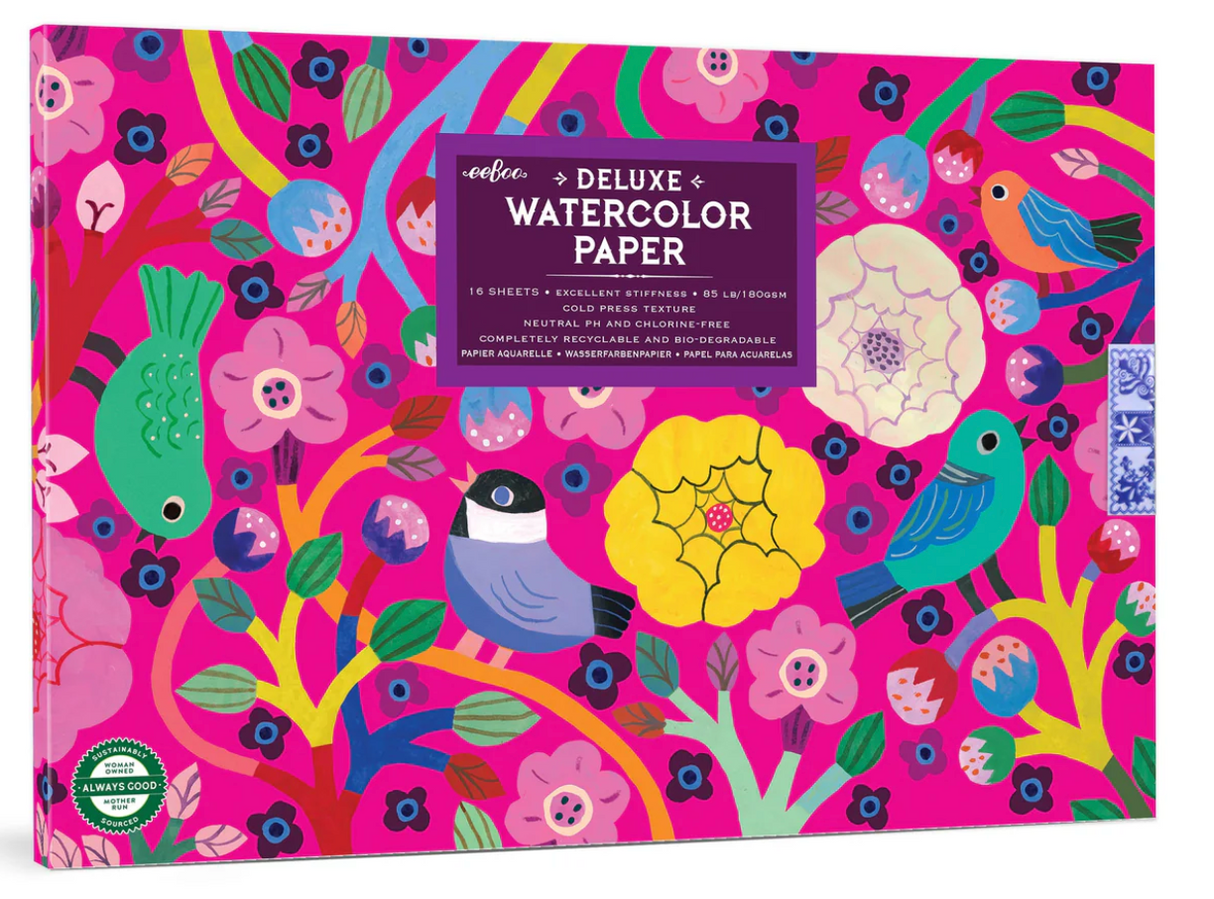 Watercolor Pad | Birds in Fuchsia with vibrant bird and flower illustrations on a bright pink background.