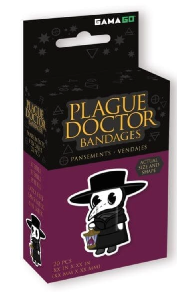 Plague Doctor Bandages box showing 20 sterile, latex-free novelty adhesive bandages with a cute doctor design.