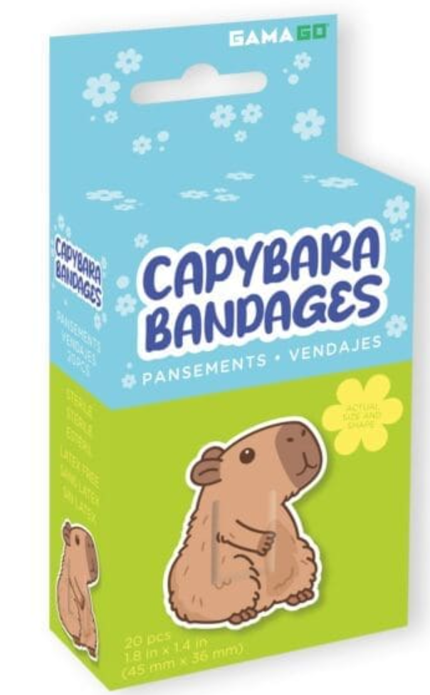 Capybara Bandages box with cute capybara illustration designed to protect minor cuts and scrapes safely and comfortably.