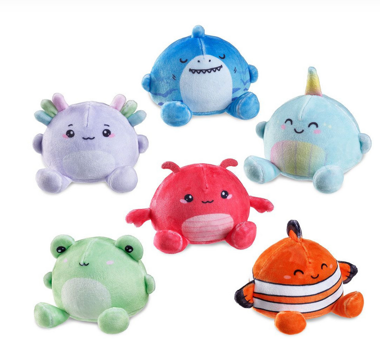 Sugar Squisher Plush | Seafriends Edition featuring colorful squishy plush sea creatures including axolotl and narwhal.