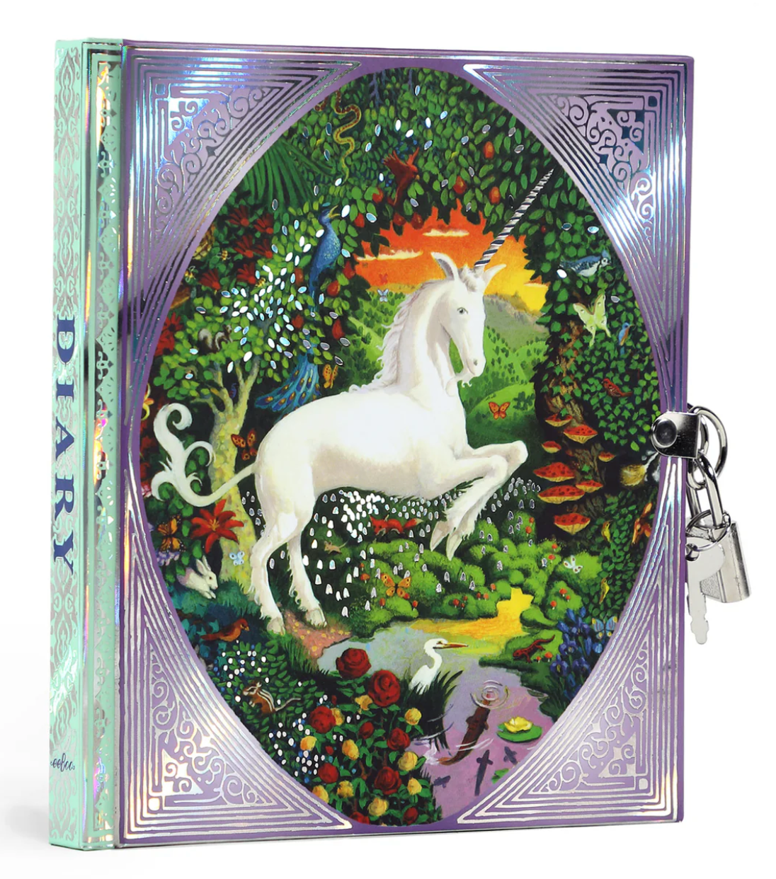 Unicorn Diary with a silver foil hardcover featuring a mystical unicorn in a vibrant forest, lock and keys included.