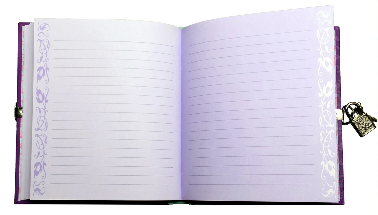 Unicorn Diary open to lined pages with decorative purple borders and a silver lock on the hardcover diary.