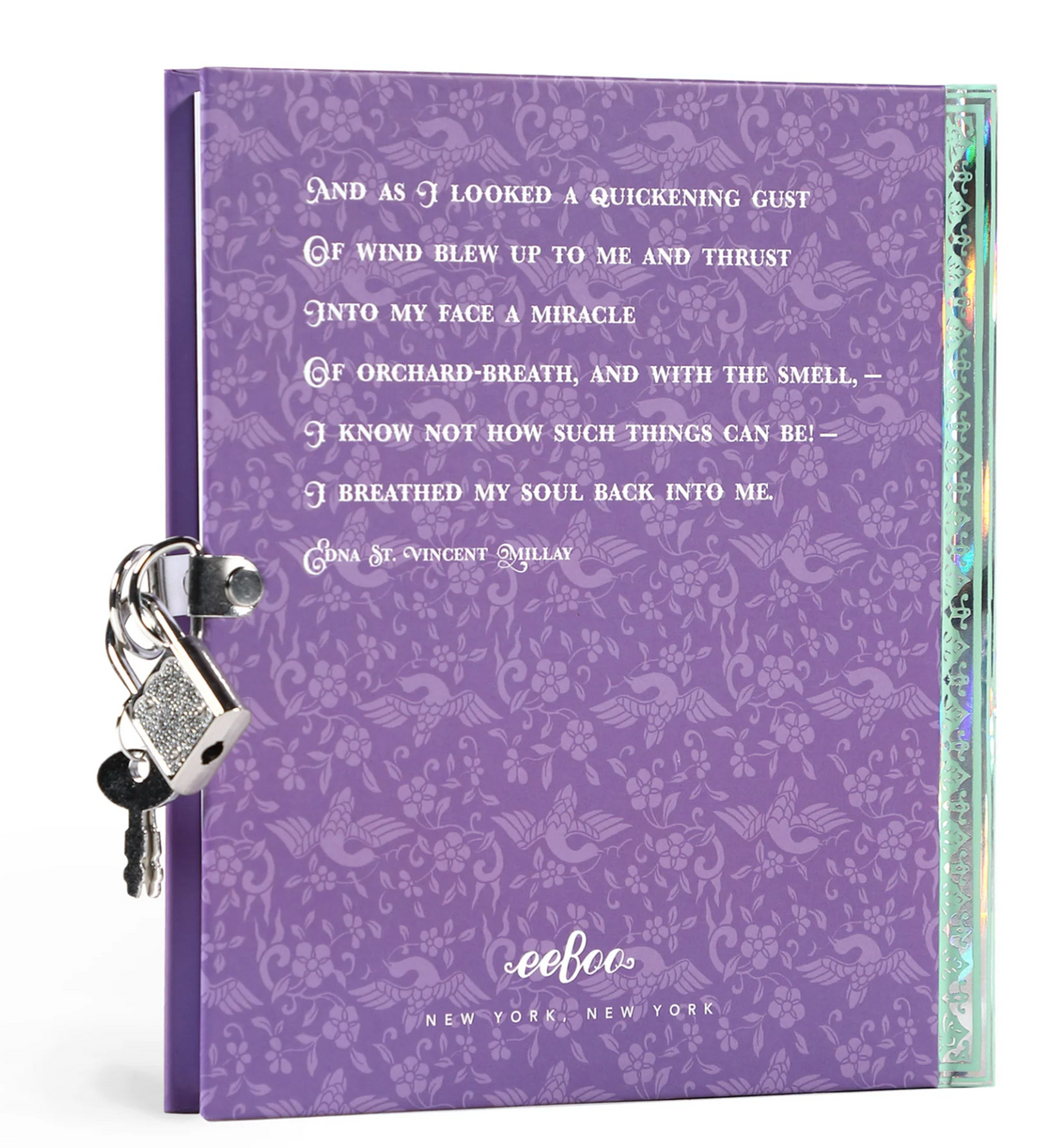 Unicorn Diary with a purple floral lockable cover featuring a silver lock and inspirational quote by Edna St. Vincent Millay.