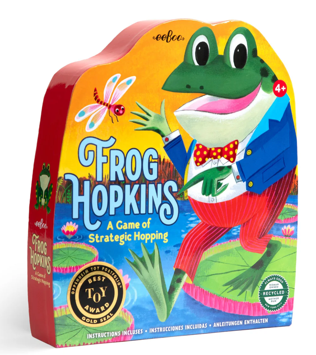 Frog Hopkins game box featuring a playful frog in a suit, highlighting strategic hopping and dragonfly counting gameplay.