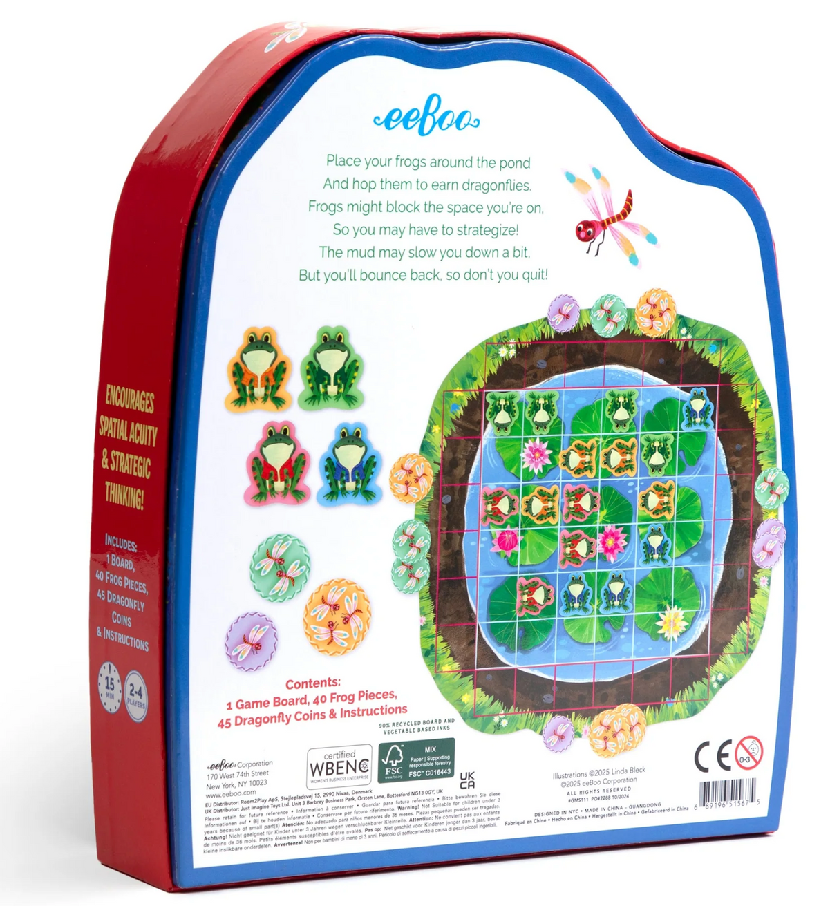 Frog Hopkins game box showing colorful frogs, dragonfly coins, and a die-cut game board for spatial strategy play.
