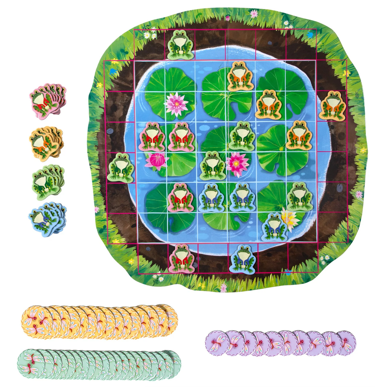Frog Hopkins game board with frog pieces and dragonfly tokens for 2-4 players in a colorful pond setting.