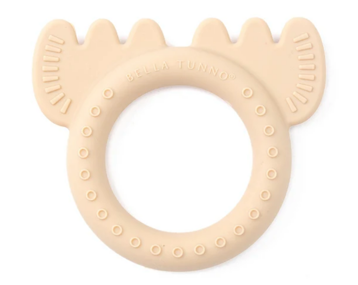 Rattle Teether | Moose in soft beige with subtle textures for soothing teething and sensory play for babies 0 months+.
