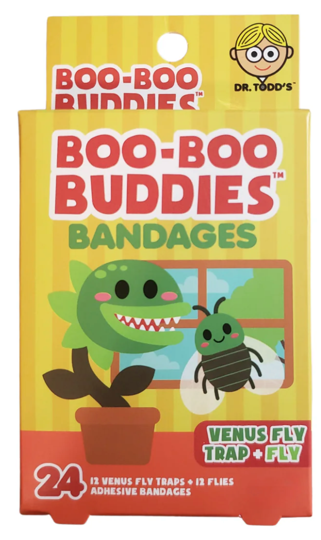 Venus Fly Trap & Fly Bandages with cartoon plant trap and fly, 24 latex-free adhesive bandages for kids' wounds.