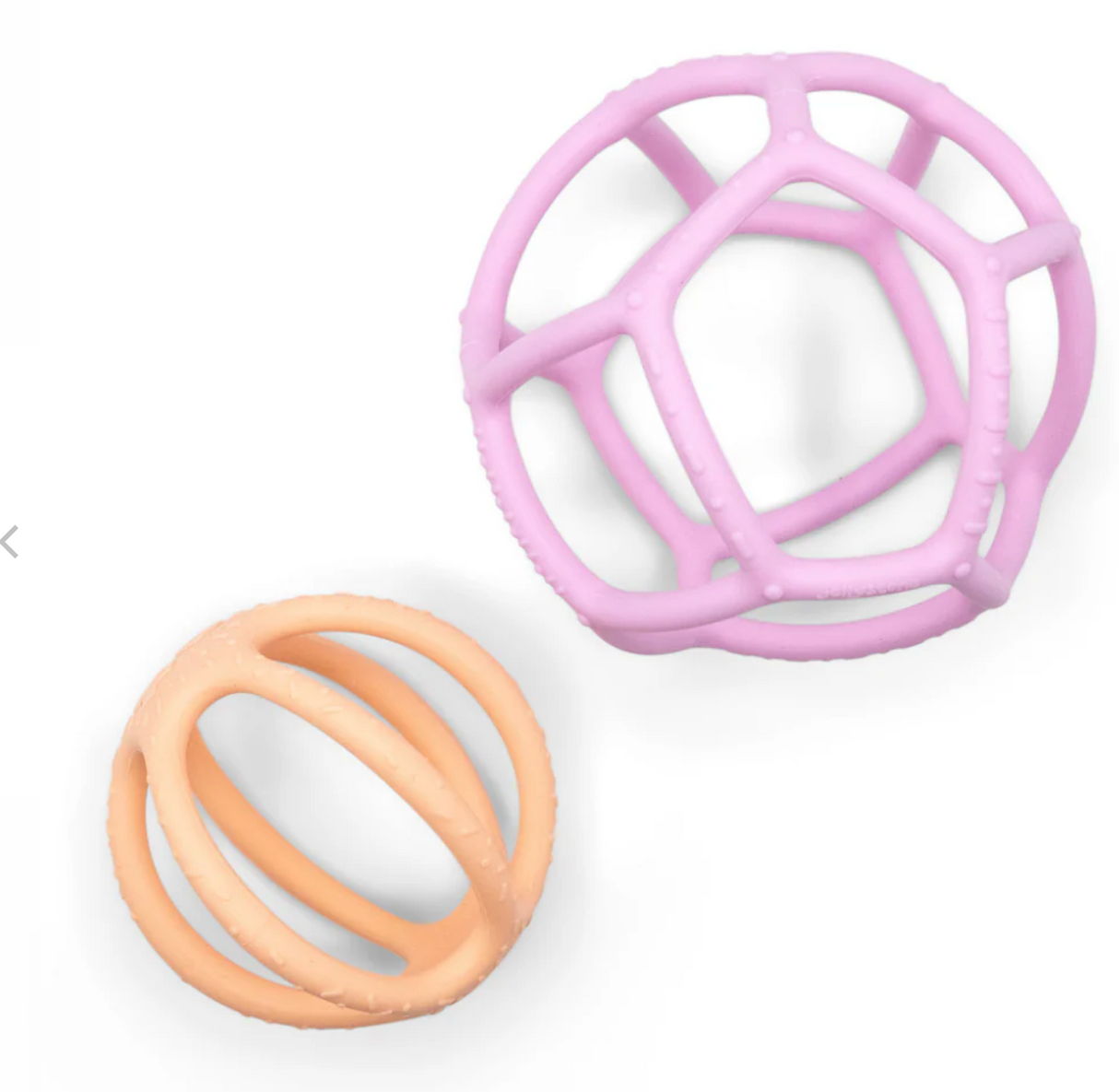 Sensory Ball 2 Pack Bubblegum & Peach featuring soft, food-grade silicone teether and fidget balls for baby’s early development.