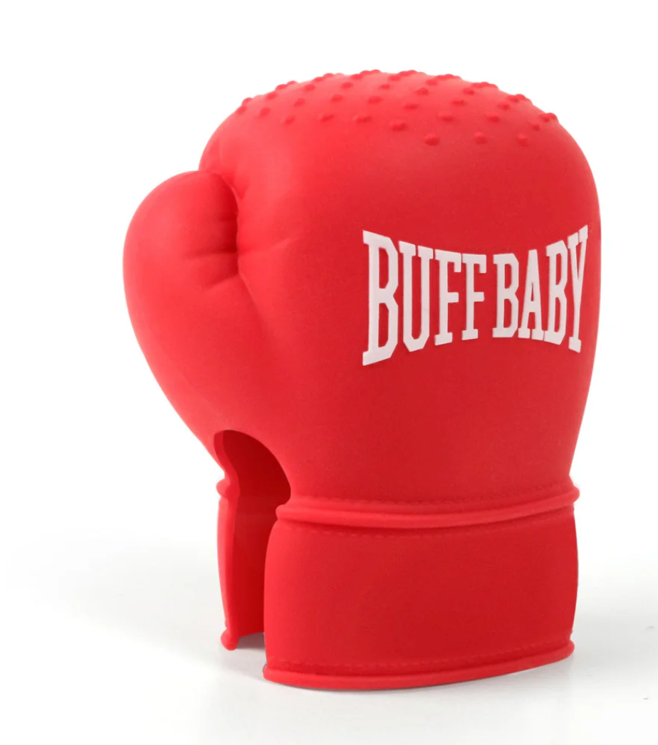 Red Boxing Glove Teething Mitt made of baby-safe silicone for soothing teething pain in infants aged 3+ months.
