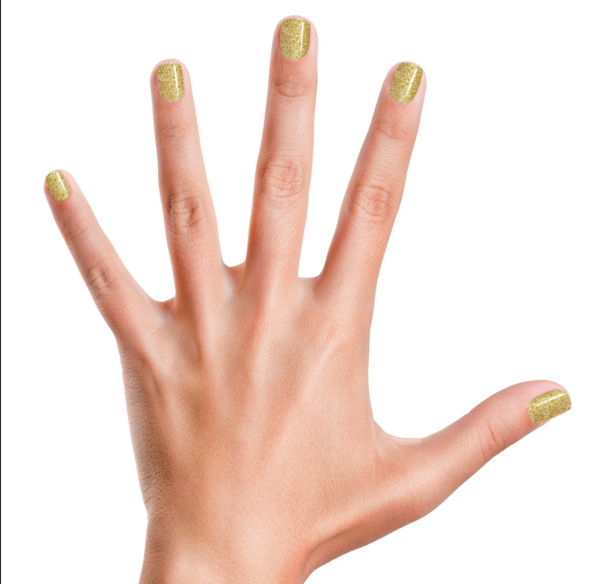 Hand with nails painted in sparkling gold using Nail Polish Heart of Gold on a white background.