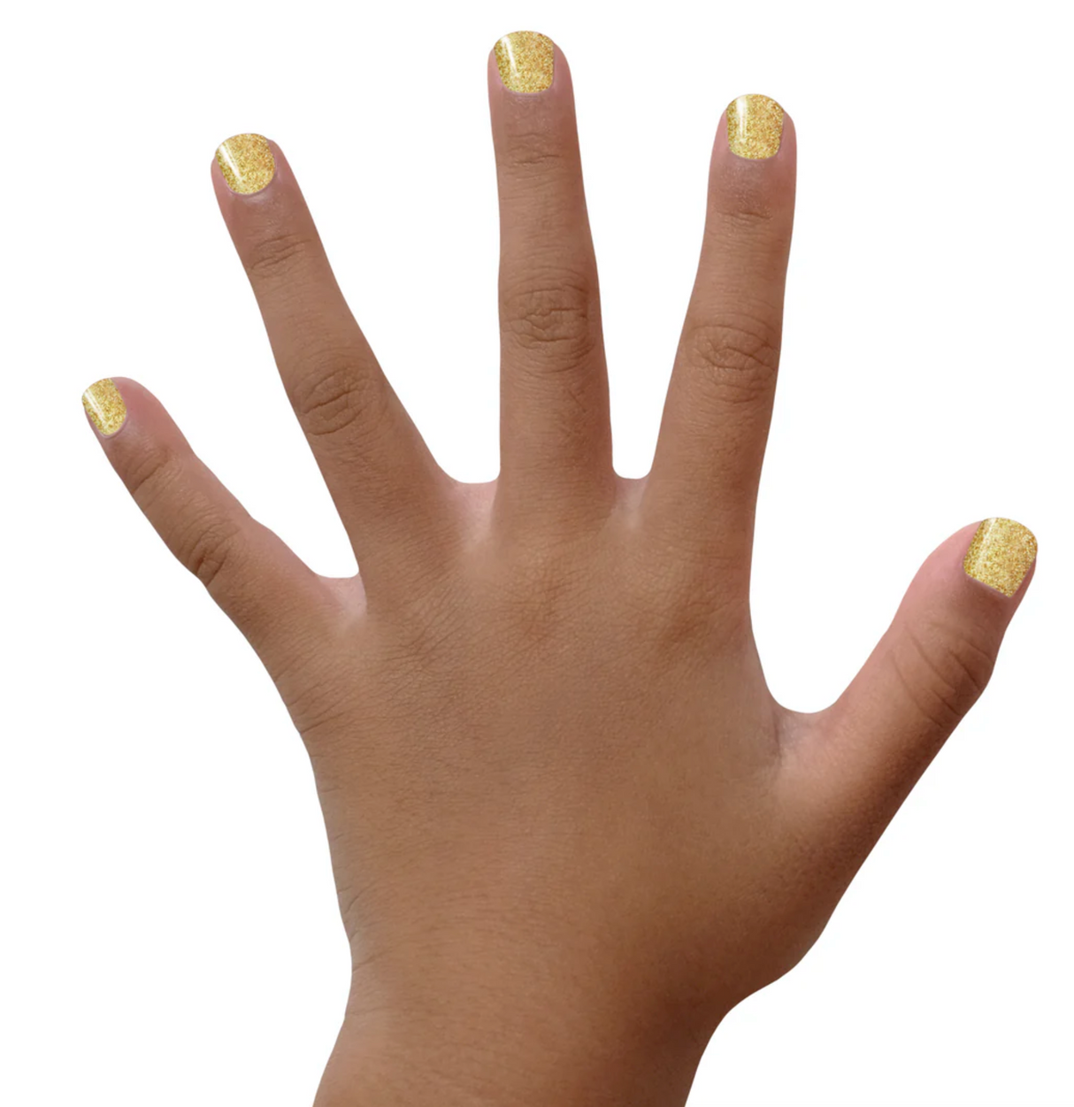 Hand with nails painted in sparkling gold using Nail Polish Heart of Gold, showcasing a glamorous and shiny finish.