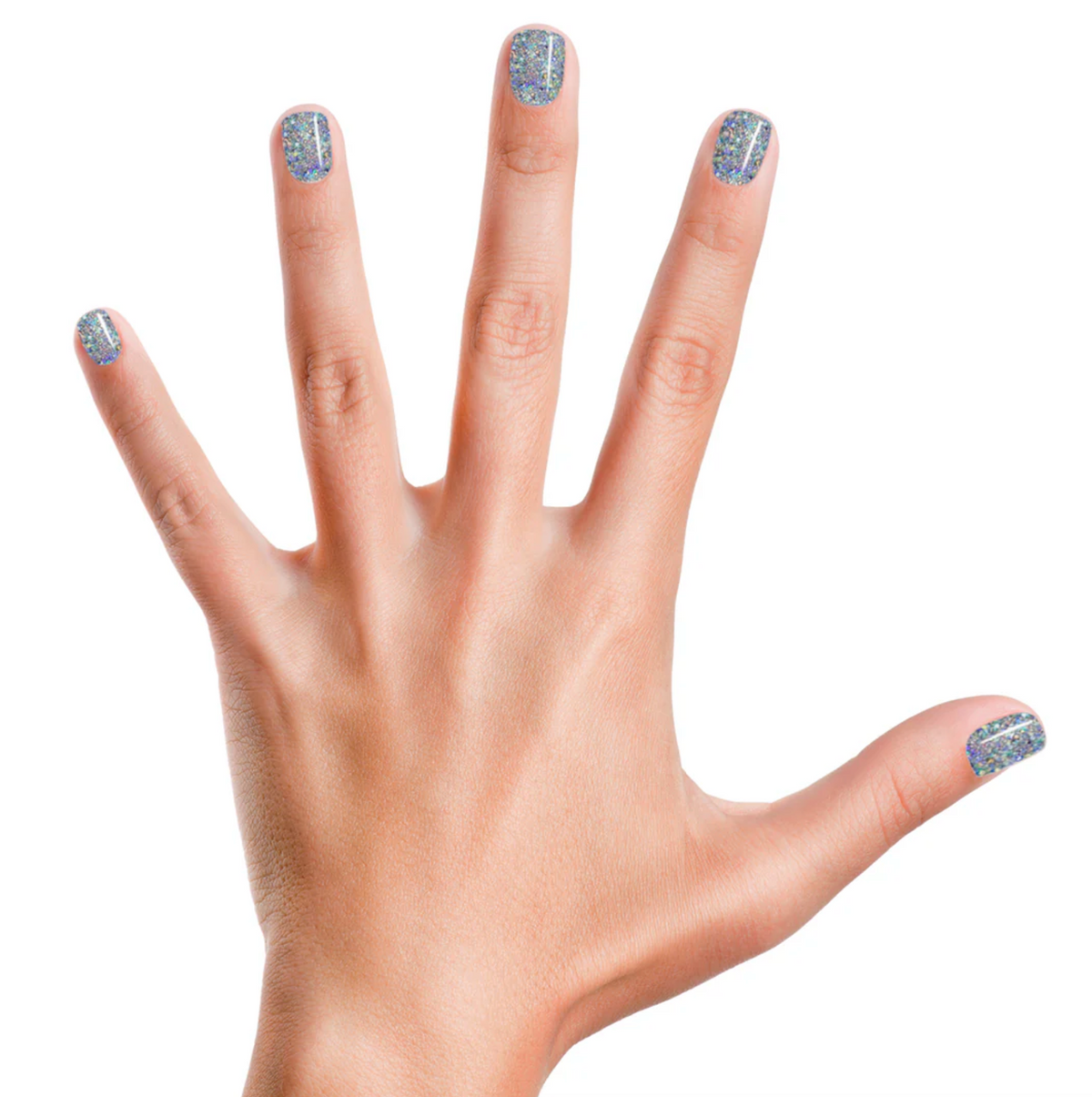 Hand with nails painted in multi-silver sparkling glitter using Nail Polish Glitterbug by Piggy Paint, kid-friendly and non-toxic.