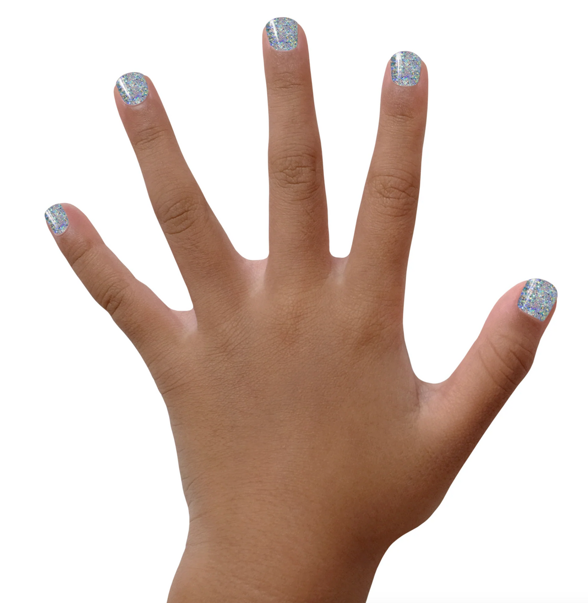 Child’s hand showing nails painted with multi-silver glitter Nail Polish Glitterbug, kid-friendly and non-toxic formula.