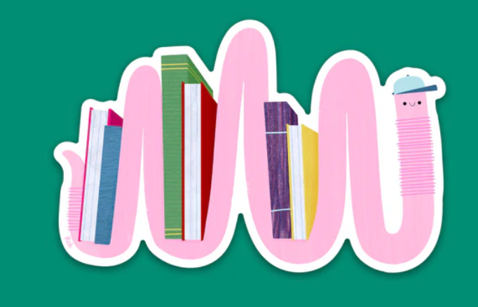 Bookworm Sticker showing a cute pink worm with colorful books on its back, vinyl with matte finish, durable and weatherproof.