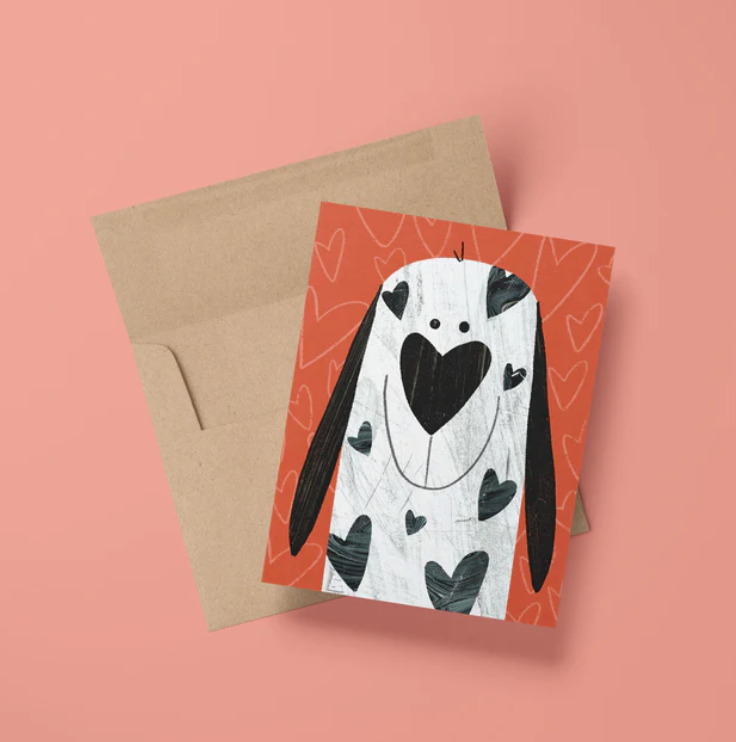 Puppy Love Card featuring a cute dog illustration with hearts, kraft envelope, and blank interior for personalized messages.