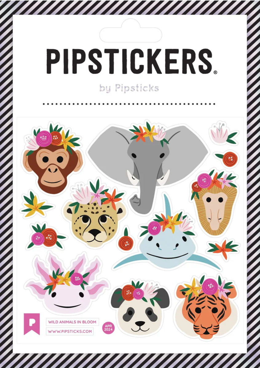 Wild Animals in Bloom Stickers featuring cute wild animals with colorful flower crowns on a clear backing sheet.