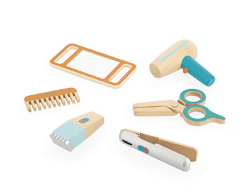 Hairdresser Set with wooden comb, scissors, mirror, hairdryer, straightener, and razor for imaginative play.