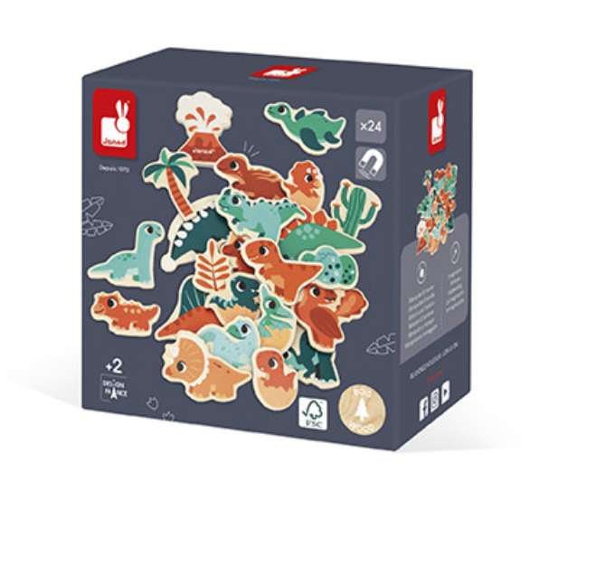 Wooden Magnets | Dino set of colorful magnetic dinosaur shapes for kids age 2+ to use on boards or fridges