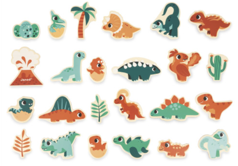 Wooden Magnets | Dino set with colorful magnetic dinosaurs and plants for fridge or board, suitable for kids age 2+