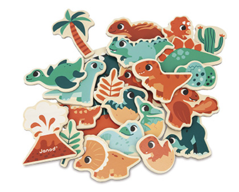 Wooden Magnets | Dino set featuring colorful magnetic dinosaur shapes and nature elements for kids age 2 and up.