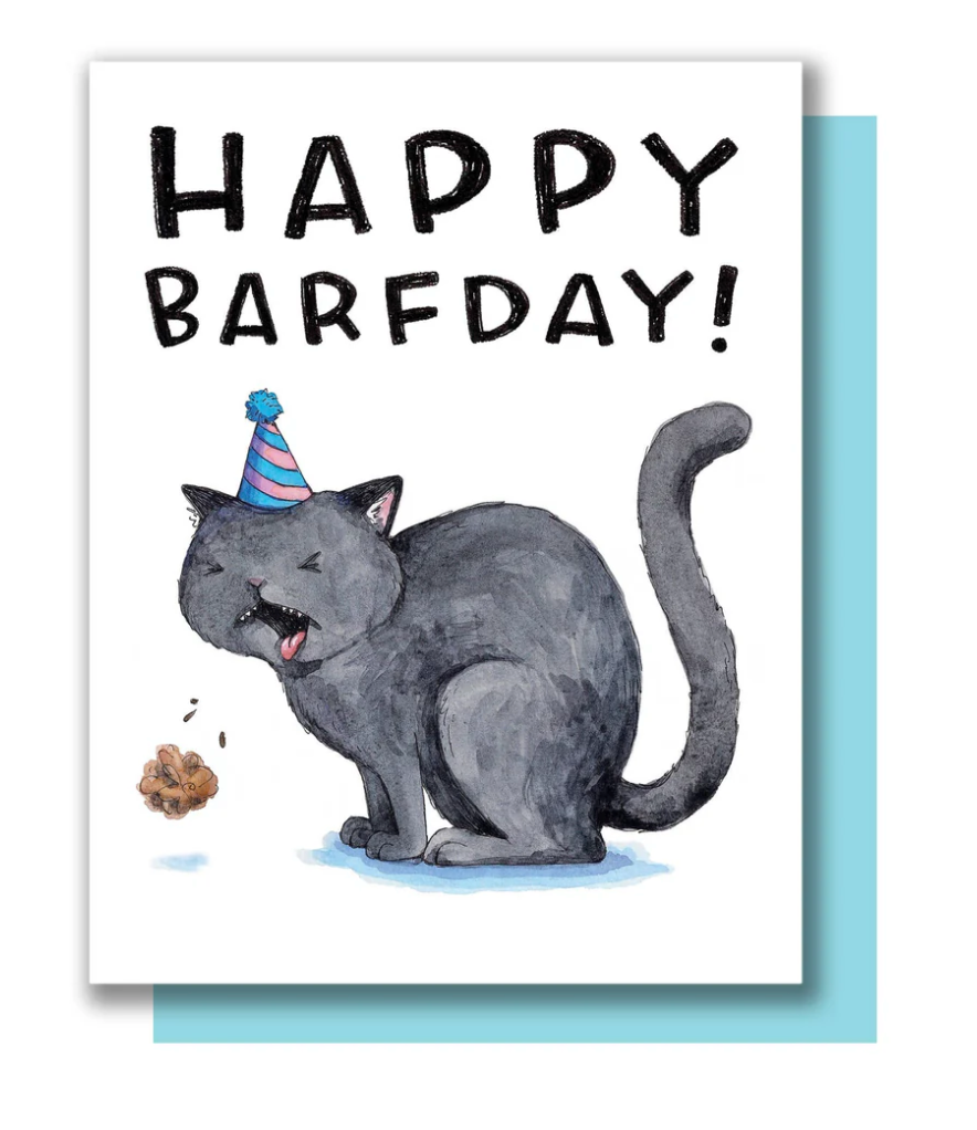 Happy Barfday! Birthday Card featuring a watercolor illustration of a cat wearing a party hat and barfing